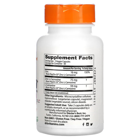 Image of PepZinGI Zinc-L-Carnosine Complex 120caps supplement facts